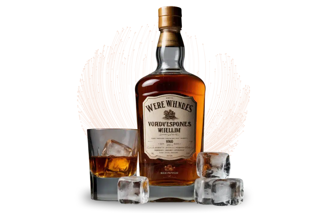  Image of whiskey btotle with a shot glass and ice around it
