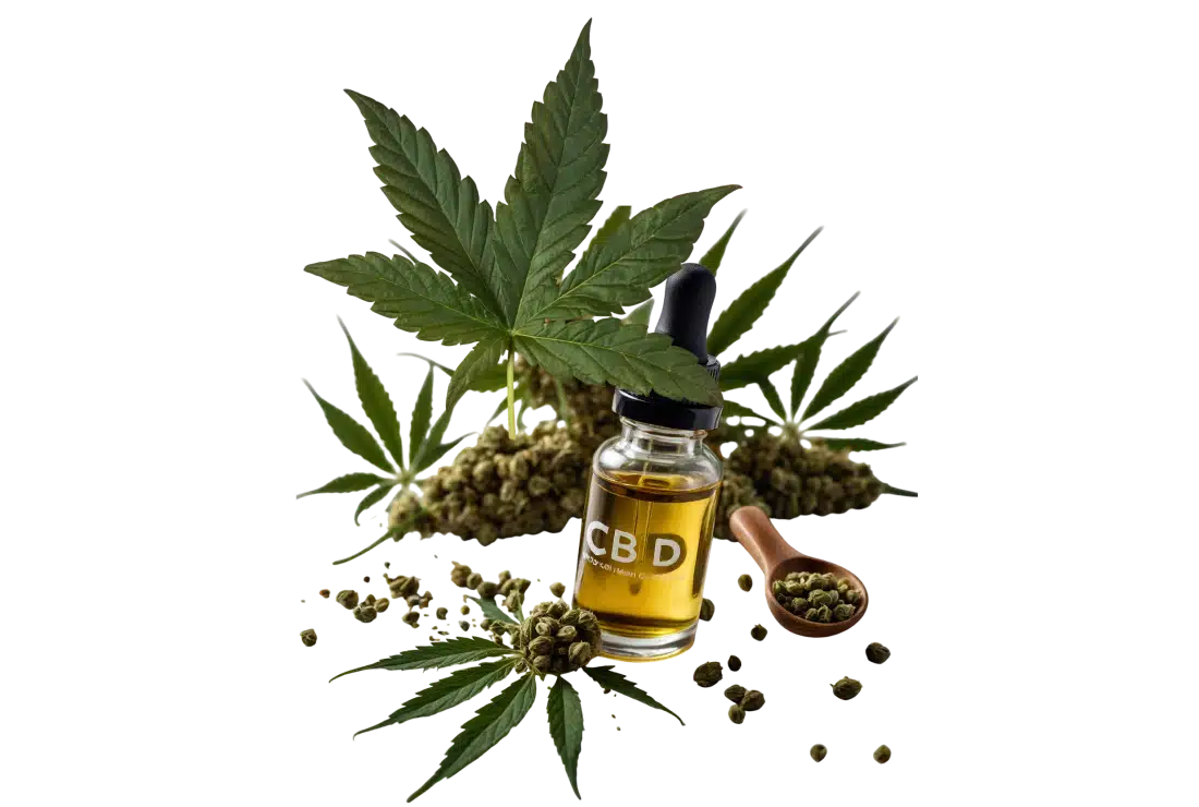  Image of cbd oil next to cbd leaf