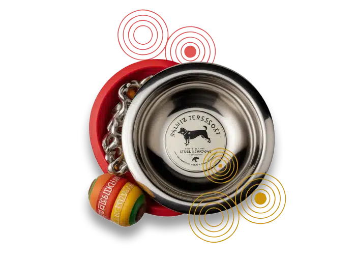  Image of a a dog's water bowl and toy next to it