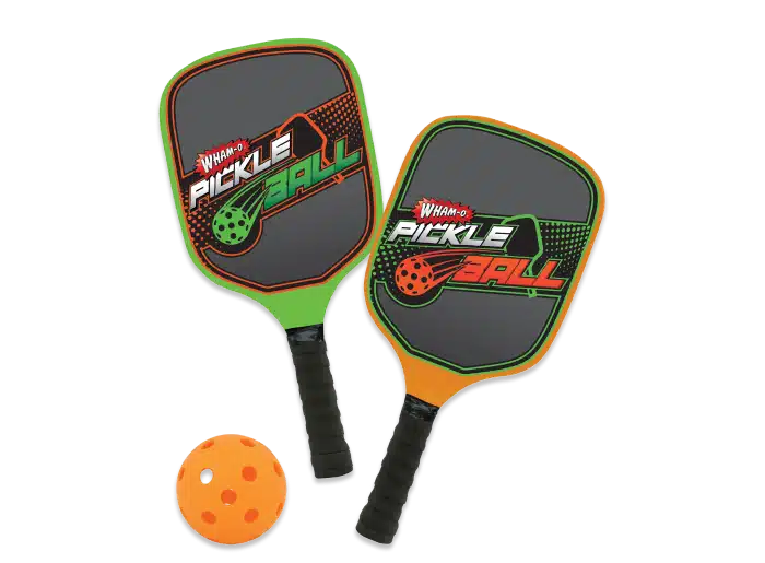  Image of 2 pickeball rackets and a pickleball next to them 