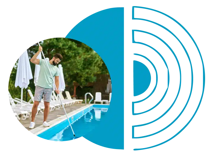 Image of a man cleaning a pool with blue elements around the image 