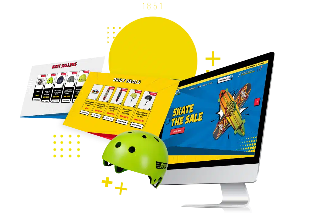  Image of a green helmet and of yellow floating images next to a desktop with an image of skateamerica.com website and images of homepage associating with it  