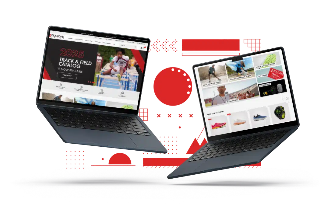  Image of 2 laptops and floating red elements next to 2 laptops that have images of Dick Pond athletics website