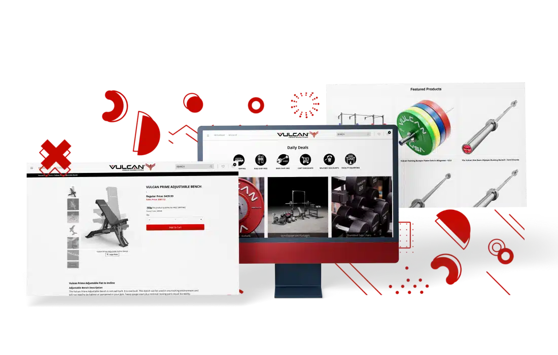  Image of desktop with floating elements, with pictures of vulcan strength's website on the desktop and 2 images along it
