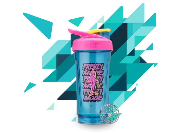  Image a blue and pink protein shaker bottle 