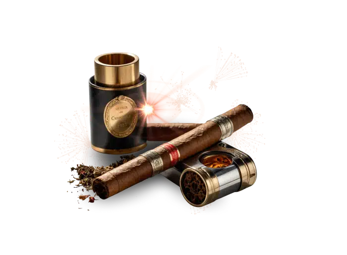  Image of a cigar with a cigar cutter and cigar case next to it