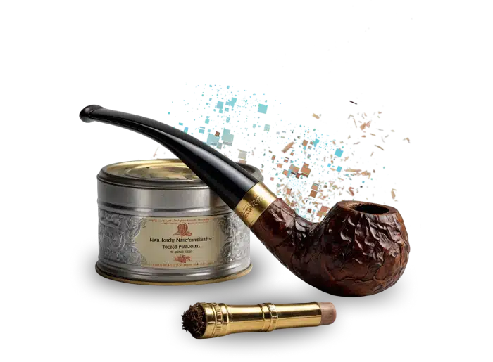  Image of tobacco smoke pipe and a tobbaco tin next to it