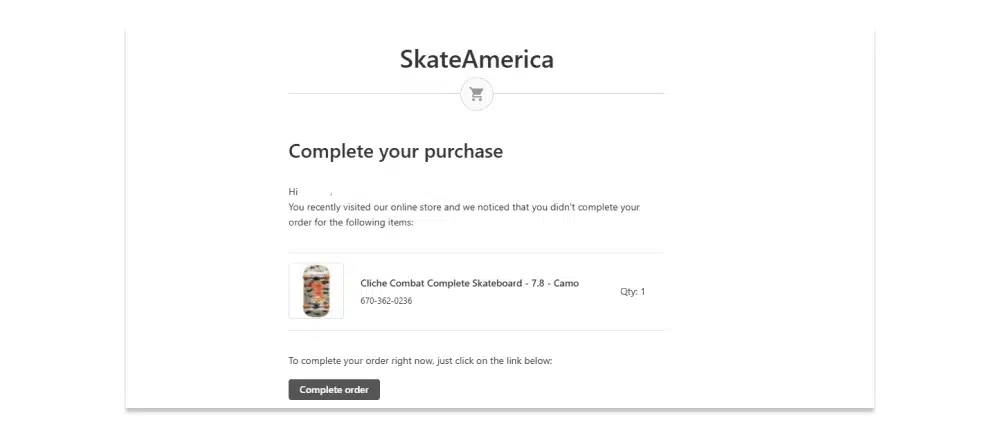 screenshot of abandoned cart email from skate america