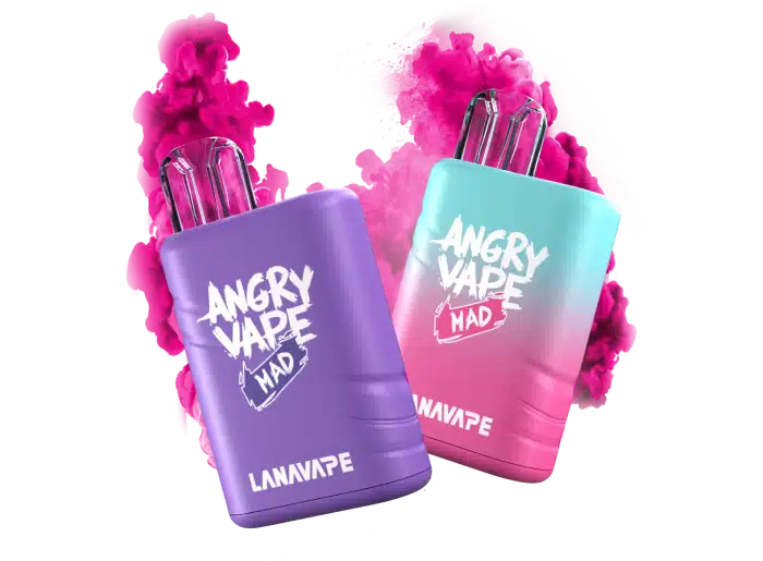 Image of a purple vape system (left), and a pink/blue vape (right) with purple smoke effect behind it 