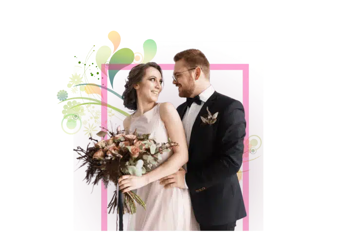  Image of married couple in their wedding attires hugging each other 