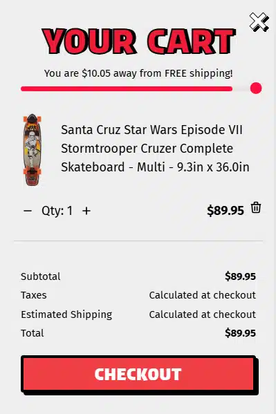 Example of a side cart showing a free shipping progress bar with the message 'Add $15 more for free shipping' to incentivize higher order value.