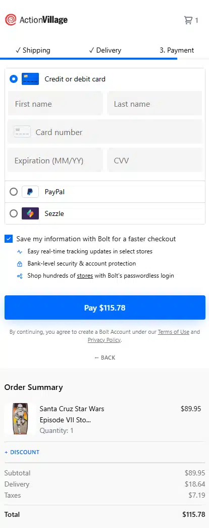Screenshot demonstrating a mobile-optimized checkout page with large, tappable buttons and clear form fields.