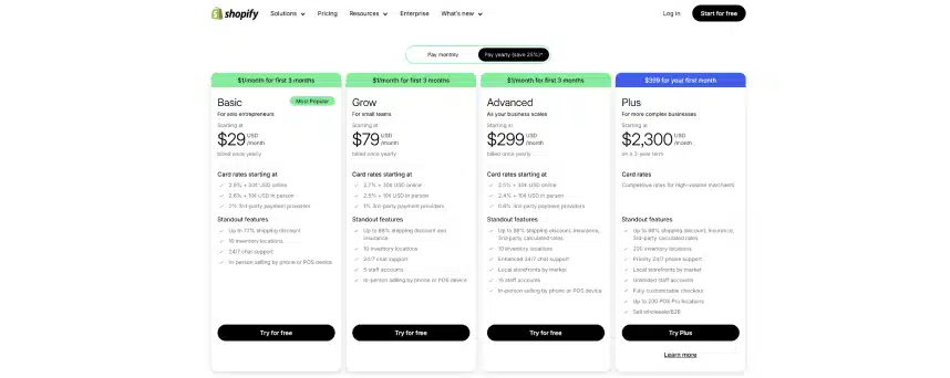 Screenshot of shopify pricing