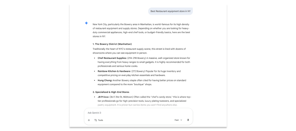 Screenshot example of a Gemini search of a local restaurant in NYC
