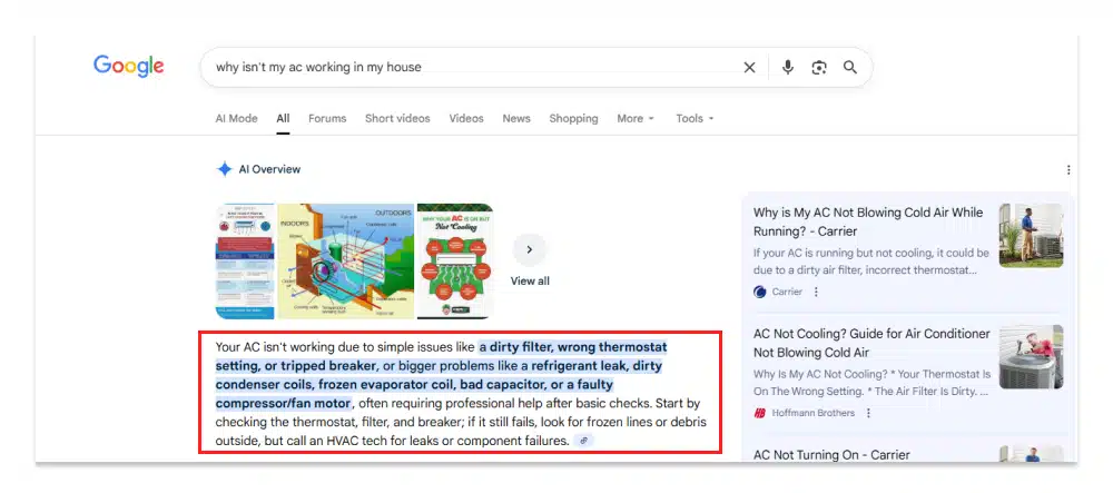 Screenshot of a Google AI Overview regarding someones AC not working