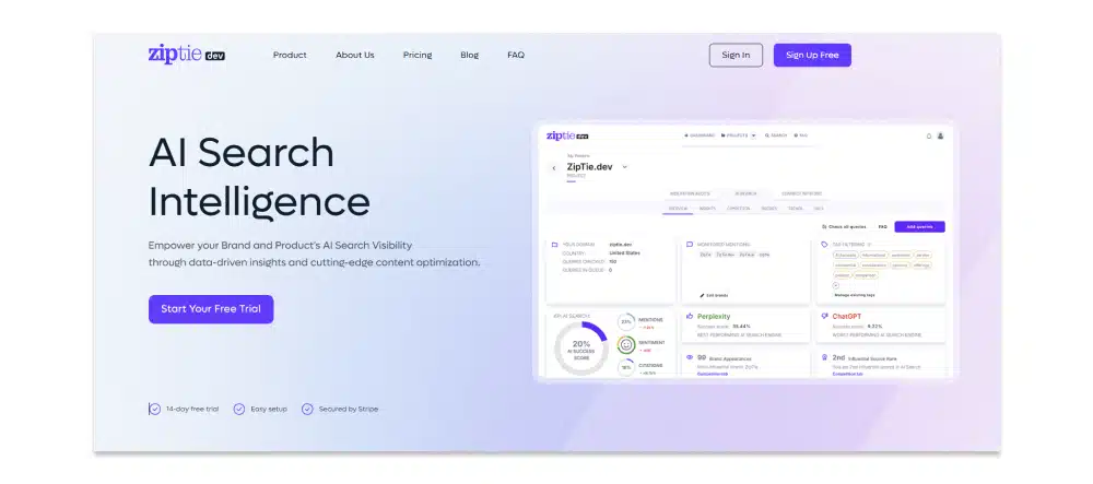 Screenshot of Ziptie AI Search Tool website homepage